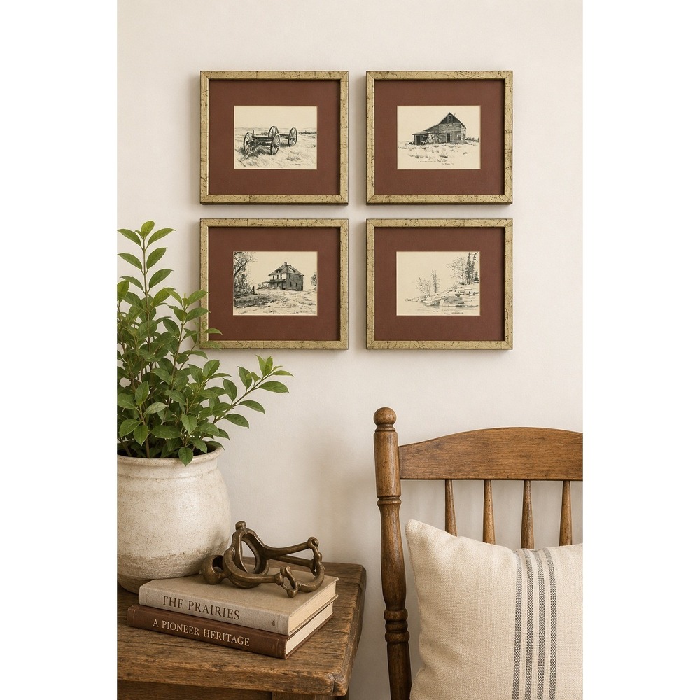 Vintage Gus Froese Framed Print Set 1979 Canadian Prairie Art Gold Frames Lot 4